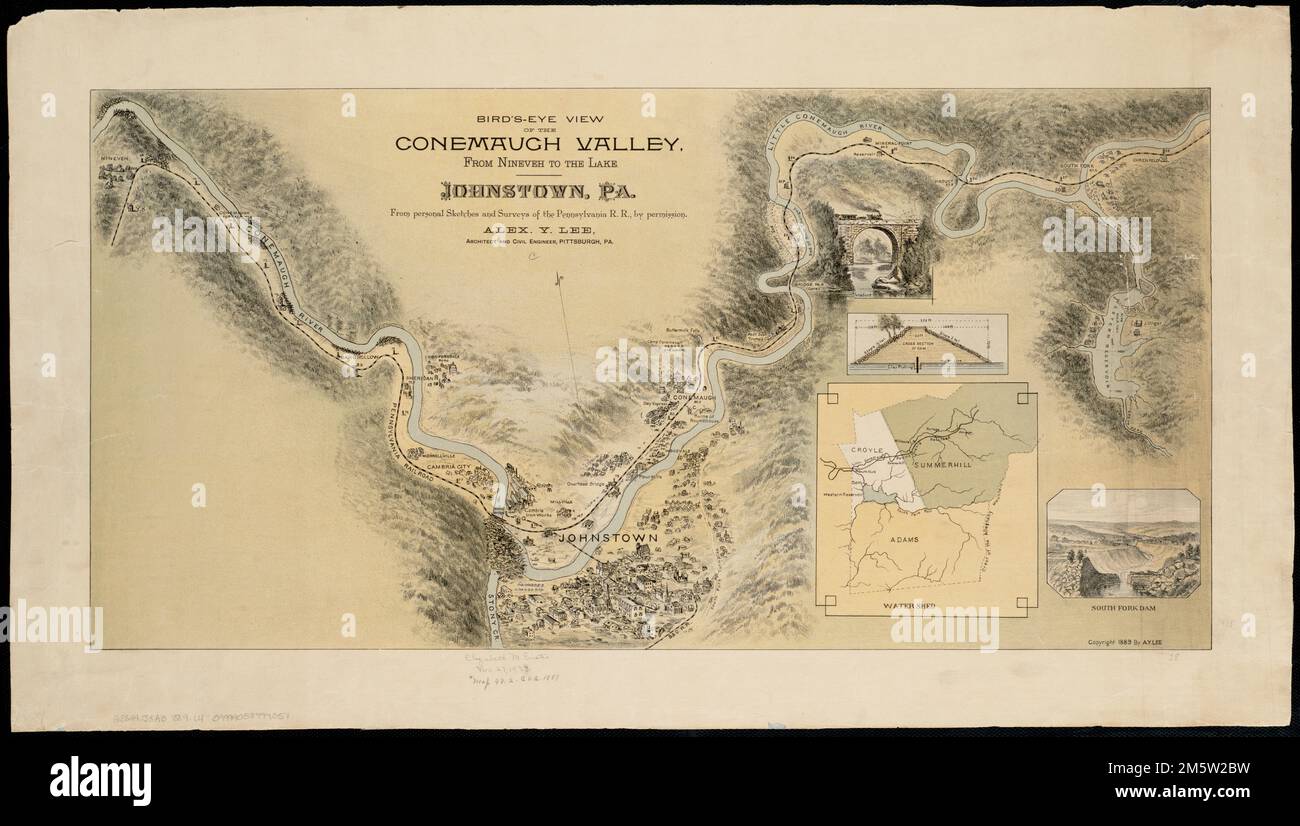 Bird's-eye view of the Conemaugh Valley, from Nineveh to the Lake : Johnstown, Pa., from personal sketches and surveys of the Pennsylvania R.R. by permission. Includes inset map, cross section of dam and ill.... , Pennsylvania  , Conemaugh  ,river  Pennsylvania  , Cambria  ,county   , Johnstown Stock Photo