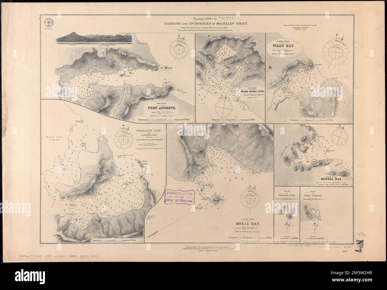 Harbors and anchorages in Magellan Strait : from British surveys in 1868 & 1880, corrected to 1882. Relief shown by hachures and spot heights. Depths shown by soundings and isolines. Includes view of Passage I.... , Magallanes, Estrecho de  ,strait  Chile  , Magallanes y de la Antártica Chilena  ,region   , Angosto, Puerto  ,harbor  Chile  , Magallanes y de la Antártica Chilena  ,region   , Playa Parda, Caleta  ,cofe  Chile  , Magallanes y de la Antártica Chilena  ,region   , Tilly, Bahía  ,cofe  Chile  , Magallanes y de la Antártica Chilena  ,region   , Swallow, Bahía  ,cofe  Chile  , Magalla Stock Photo