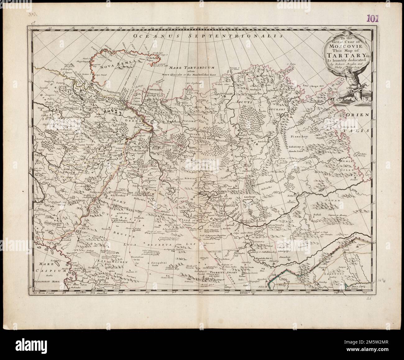 To the Great Czar of Moscovie this Map of Tartary &c. is humbly dedicated. Relief shown pictorially. Shows central Russia, south to the Great Wall of China. Cataloging, conservation, and digitization made possible in part by The National Endowment for the Humanities: Exploring the human endeavor. Part of composite portfolio atlas with title 'Collection of old maps.'.. Map of Tartary Collection of old maps. Map of Tartary Collection of old maps, Canada Eurasia  ,area Stock Photo