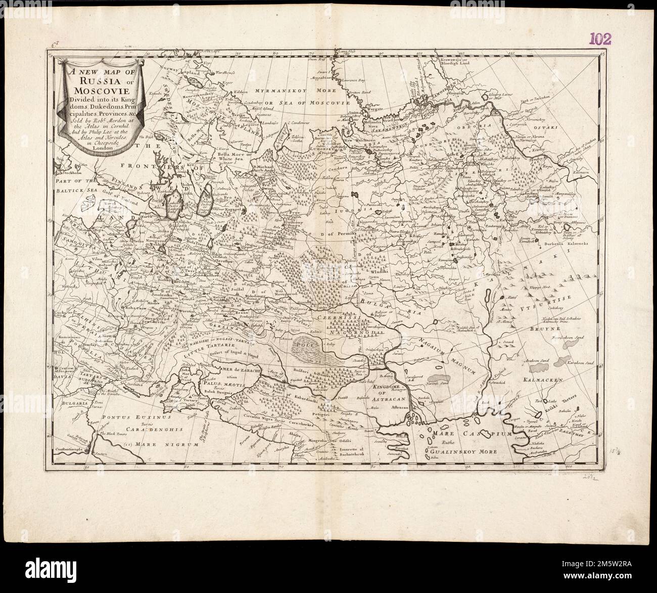 A new map of Russia or Moscovie divided into its Kingdoms, Dukedoms, Principalities, Provinces, &c. Relief shown pictorially. Cataloging, conservation, and digitization made possible in part by The National Endowment for the Humanities: Exploring the human endeavor. Part of composite portfolio atlas with title 'Collection of old maps.'.. Collection of old maps. Collection of old maps, Russia Stock Photo