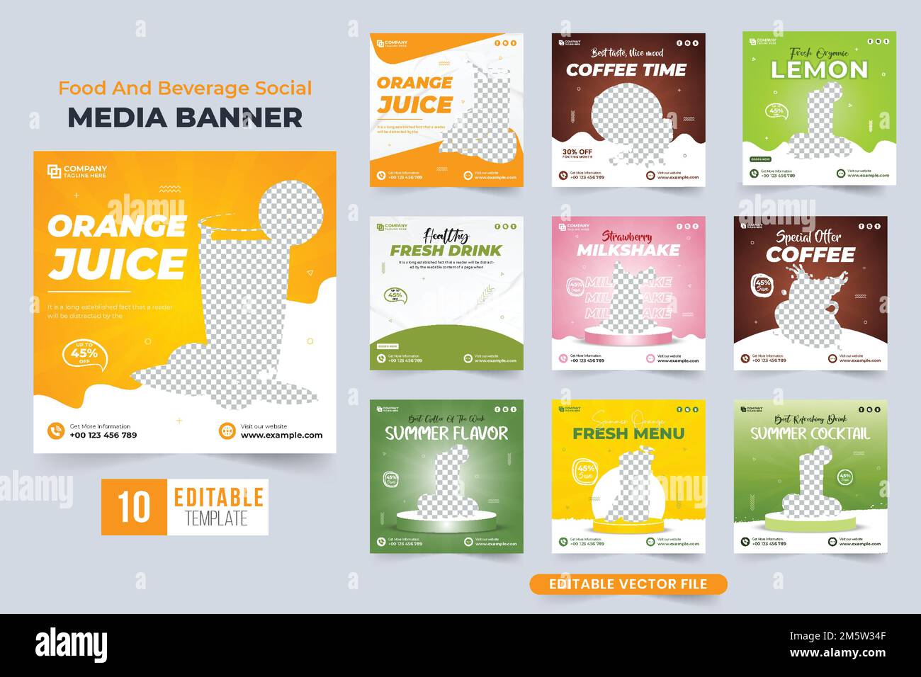 Fresh beverage business social media post bundle with orange and green