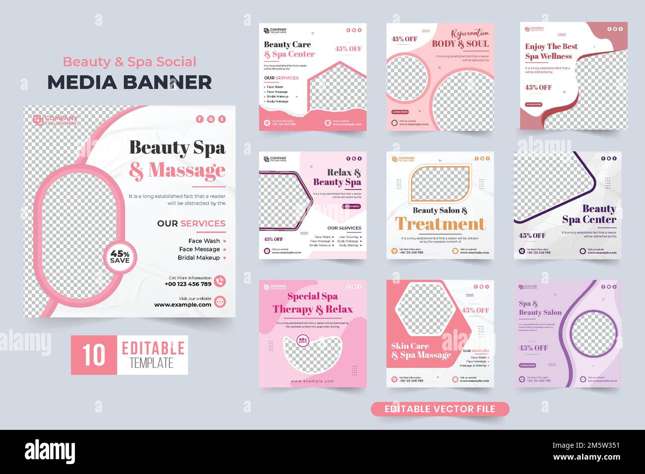 Beauty spa and relaxation center social media post collection with abstract shapes. Modern beauty parlor business template set for social media market Stock Vector
