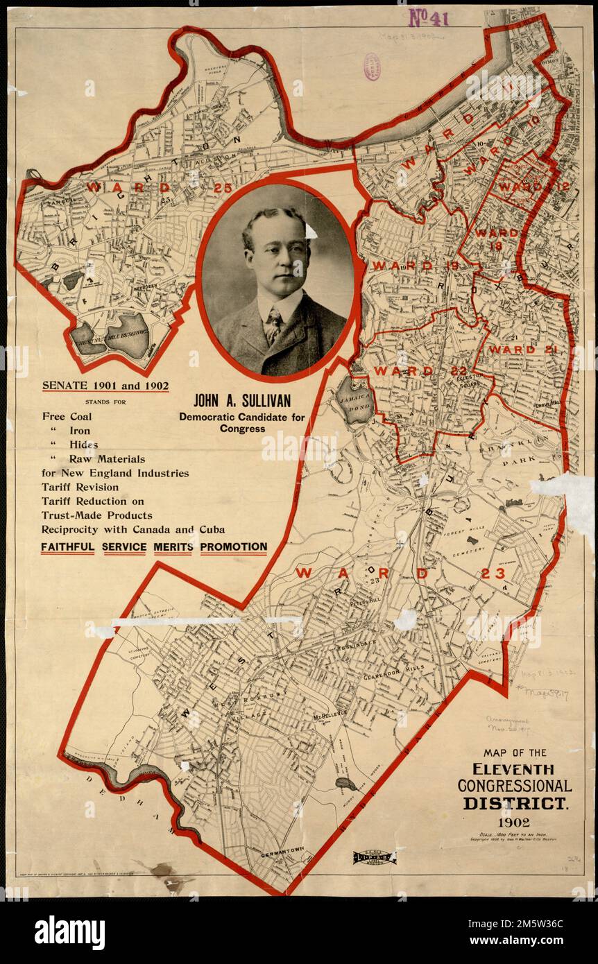 Map of the Eleventh Congressional District. From Map of Boston & Vicinity copyright 1897 & 1900 by Geo. H. Walker & Co. Includes portrait of the Democratic Candidate for Congress and text.. John Sullivan, Democratic candidate for the Massachusetts 11th, used this map as the basis for his campaign poster. Illustrating the local nature of city politics, it highlighted the wards within the district, showing the literal political landscape. His campaign slogans echo key urban, industrial themes of the era—encouraging business while supporting workers who suffered from higher prices caused by incre Stock Photo