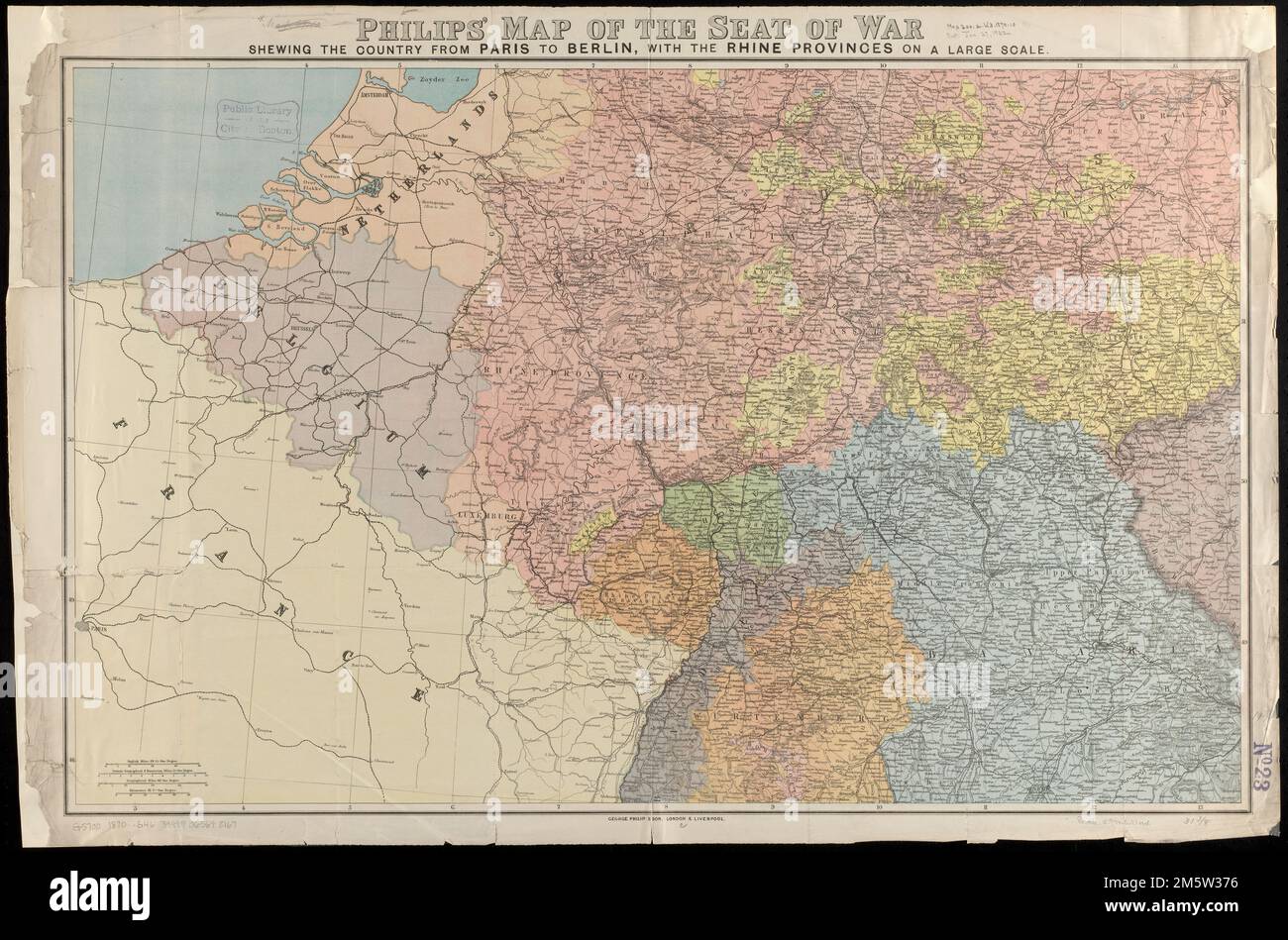 Philips' map of the seat of war shewing the country from Paris to Berlin, with the Rhine Provinces on a large scale. Relief shown by hachures... Philips new map of the seat of war extending from Paris to Berlin with the Rhine Provinces, on a large scale. Philips new map of the seat of war extending from Paris to Berlin with the Rhine Provinces, on a large scale, Europe Europe Stock Photo