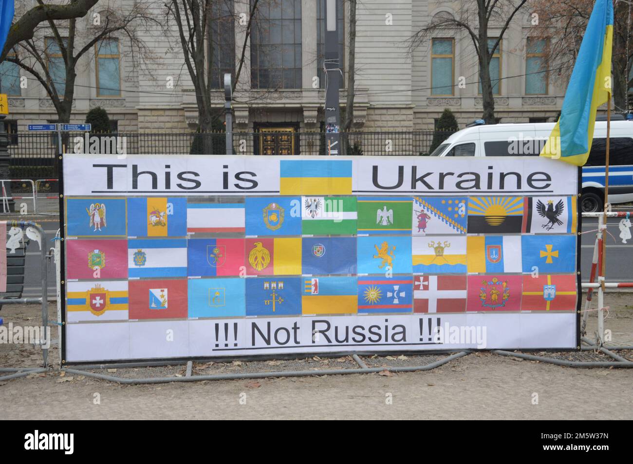Berlin, Germany - December 17, 2022 - Protests in front of the Russian Embassy at Unter den Linden against the 2022 Russian invasion of Ukraine. (Photo by Markku Rainer Peltonen) Stock Photo