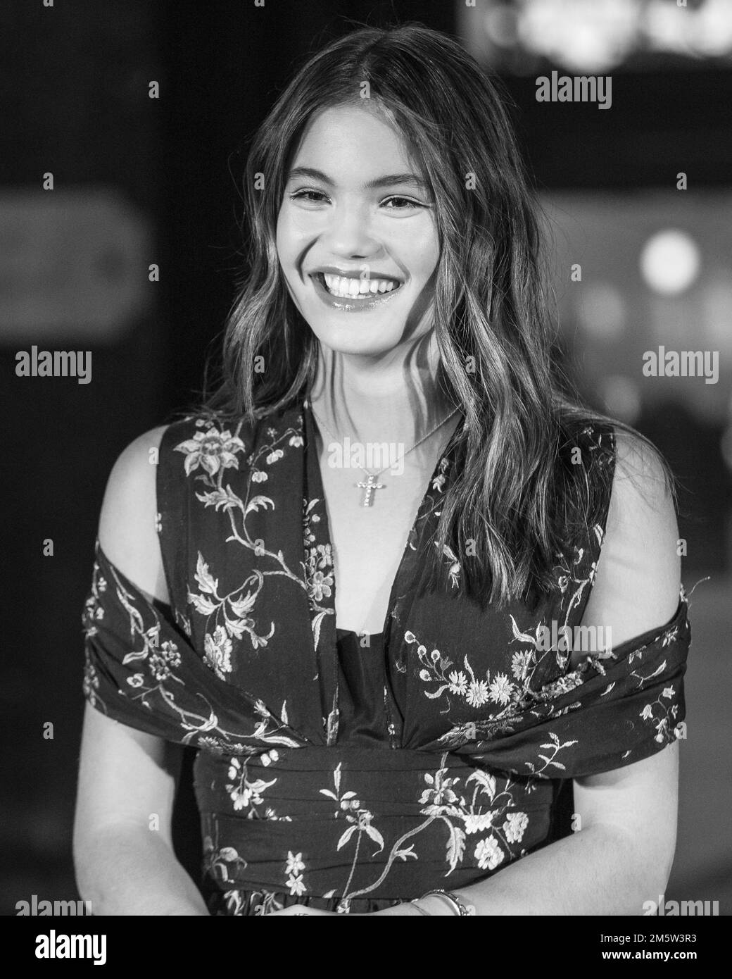 Emma Raducanu, MBE, British tennis player, close up of face, smiling, in evening dress, Stock Photo