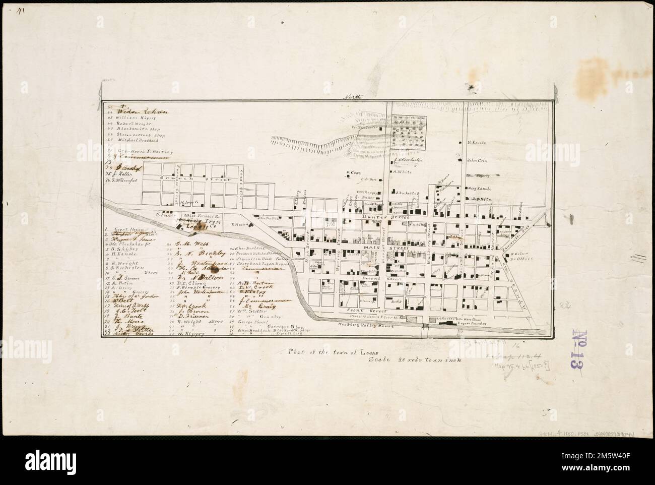 Plat of the town of Logan. Manuscript map. Includes names of landowners and index.... , Ohio  , Hocking  ,county   , Logan Stock Photo