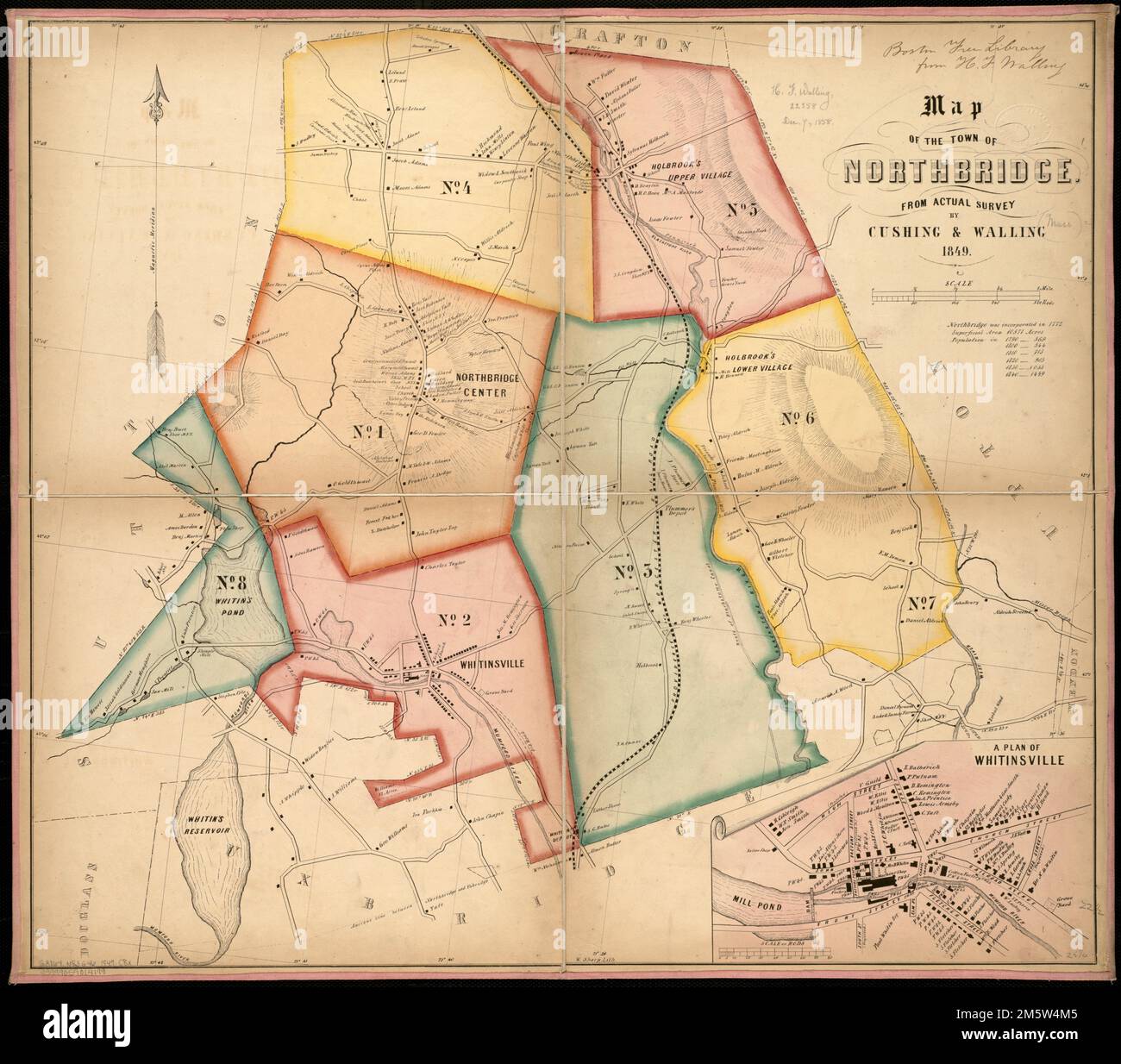 Map of the town of Northbridge : from actual survey. Relief shown by hachures. Inset: A plan of Whitinsville.... , Massachusetts  , Worcester  ,county   , Northbridge Center Massachusetts  , Worcester  ,county   , Northbridge  , Whitinsville Stock Photo