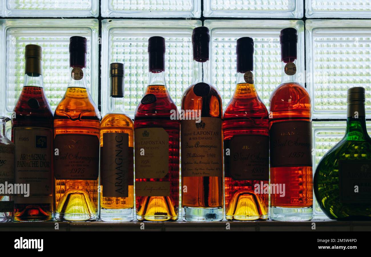 Bottles of Armagnac alcohol, a french grape brandy made in the