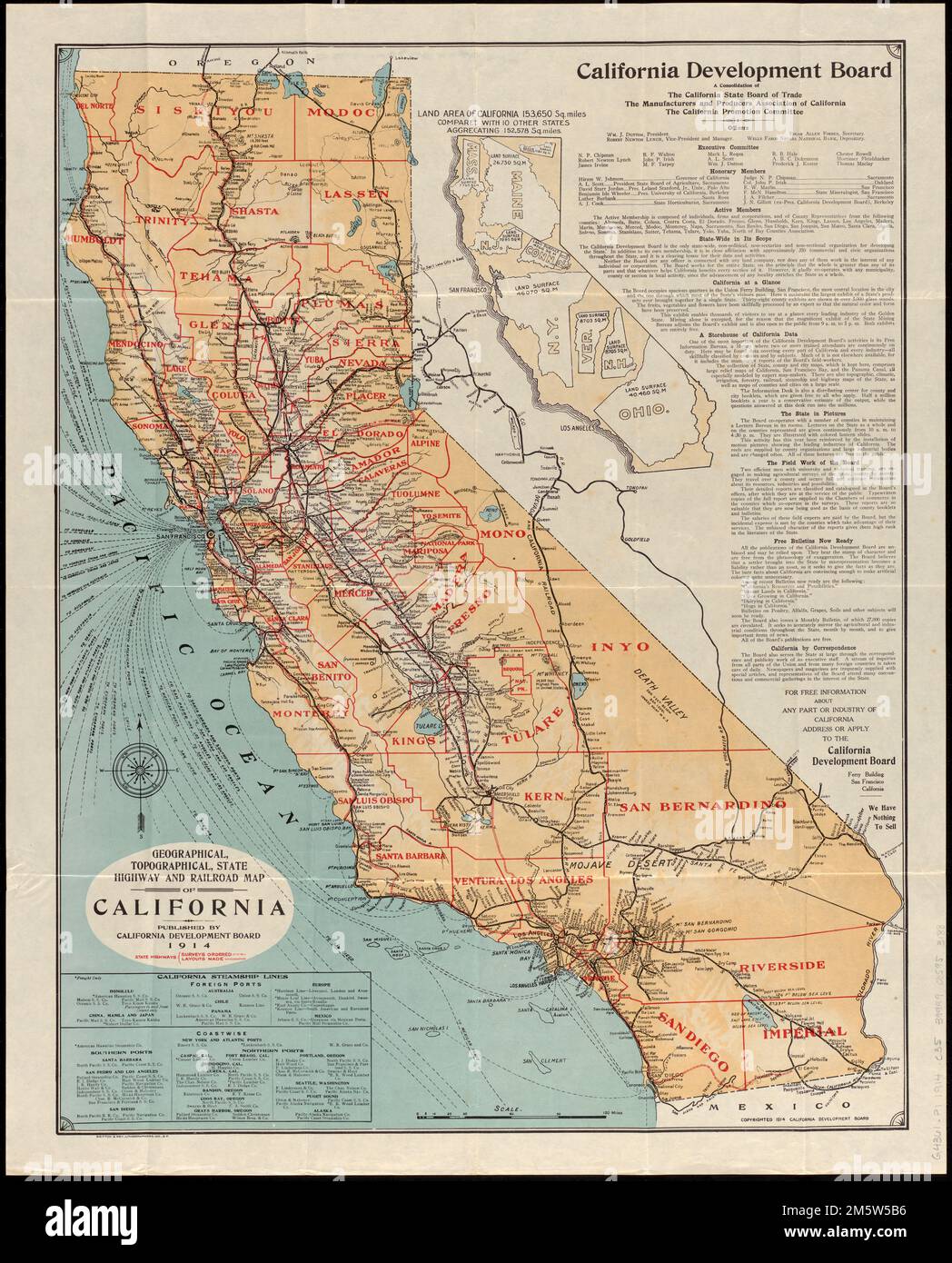 Geographical, topographical, state highway and railroad map of California. Relief shown by hachures and spot heights. Includes text, chart of steamship lines, and a map comparing size of California with other states. Shows highways, railroads and steamship lines.... , California Stock Photo