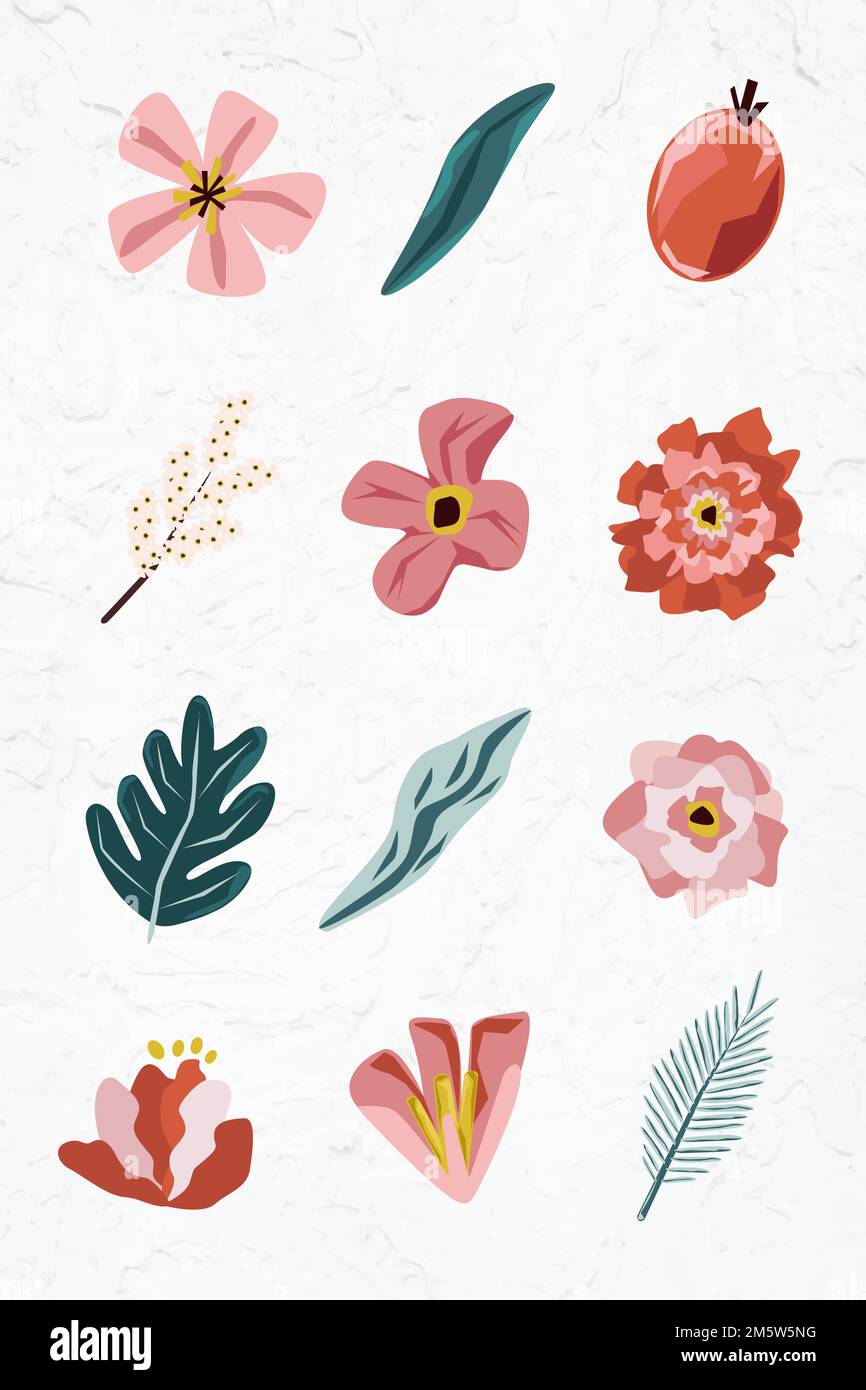 Pink flowers and leaves element set on a white background vector Stock ...