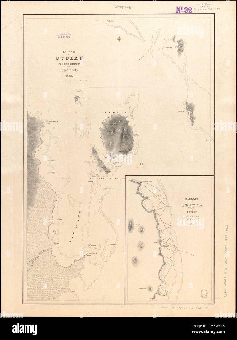 Island of Ovolau, Feejee Group. Relief shown by hachures. Depths shown pictorially. Published in Narrative of the United States Exploring Expedition : during the years 1838, 1839, 1840, 1841, 1842. Inset: Harbour of Levuka Island, Island of Ovolau.... , Fiji  , Lomaiviti  ,province   , Ovalau Island  ,island Stock Photo