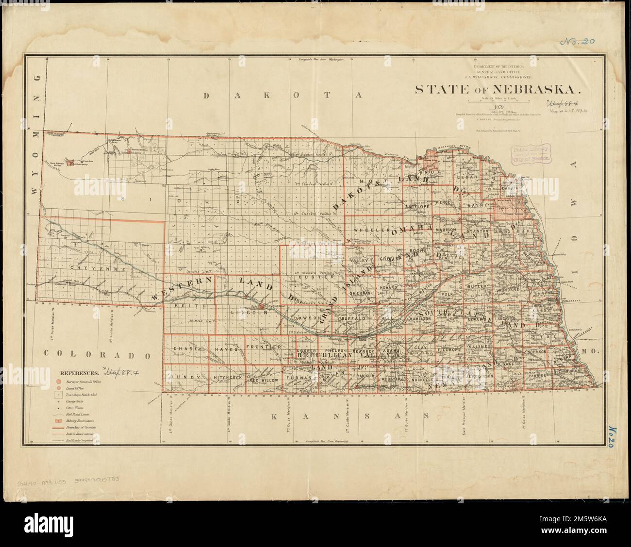 State of Nebraska. Relief shown by hachures. Shows drainage, county boundaries, railroads, military & Indian reservations, townships, etc. Prime meridans: Washington and Greenwich. 'J.S. Williamson, Commissioner.'... , Nebraska Stock Photo