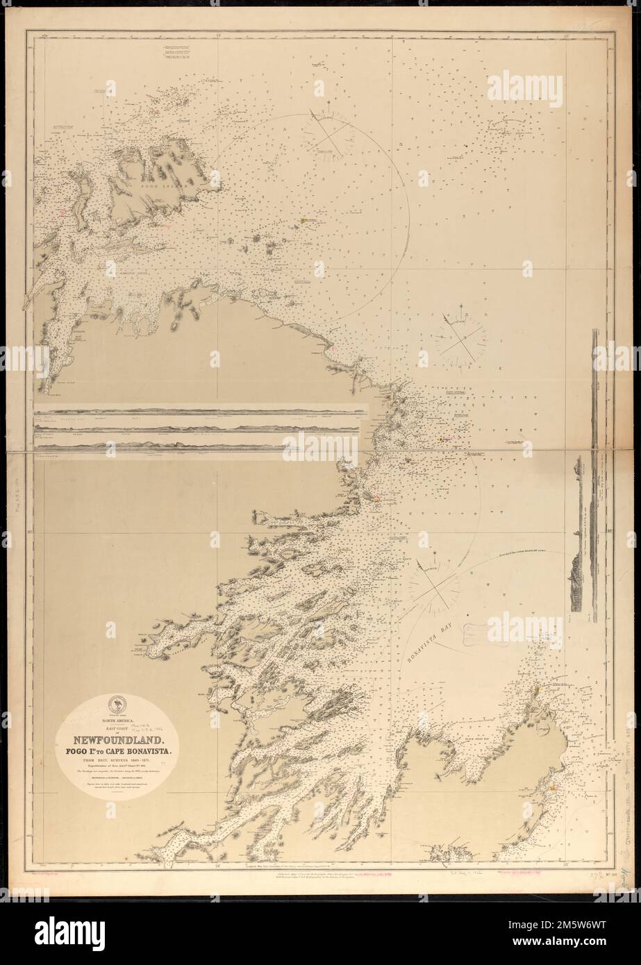 North America, east coast of Newfoundland, Fogo Id. to Cape Bonavista : from Brit. surveys 1869-1871 ; republication of Brit. Admty. chart no. 293. Relief shown by hachures and spot heights. Depths shown by soundings and isolines. Boston Public Library copy includes manuscript additions in red ink. Includes 5 coastal views. 'Cor. (54.VIII.79)(29.V.81).' 'Cor. (VIII.77.)(V.78.)(I.82)(IX.86).' 'Cor. (XII.74)(18-I.80.)(30-II.83).'.. Fogo Id. to Cape Bonavista. Fogo Id. to Cape Bonavista, Canada  , Newfoundland and Labrador  ,province   , Bonavista Bay Canada  , Newfoundland and Labrador  ,provinc Stock Photo