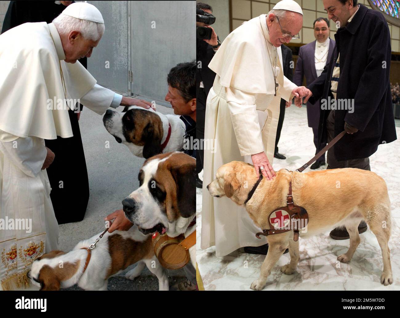 A combo of photos shows , left , Pope Benedict XVI plays with Saint Bernard dogs at the Maison of Saint Bernard in Martigny, in the Swiss part of the Gran San Bernardo mountain in Switzerland July 19, 2006. Pope Francis caresses a guide dog during a meeting with the media at the Pope VI hall, at the Vatican, on March 16, 2013. - Former Pope Benedict XVI has died at his Vatican residence, aged 95, almost a decade after he stood down because of ailing health. He led the Catholic Church for less than eight years until, in 2013, he became the first Pope to resign since Gregory XII in 1415. Photo b Stock Photo