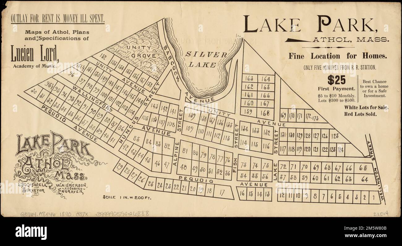 Lake Park, Athol, Mass. Cadastral map showing lots in for sale in Athol, Mass.... , Massachusetts  , Worcester  ,county   , Athol Stock Photo