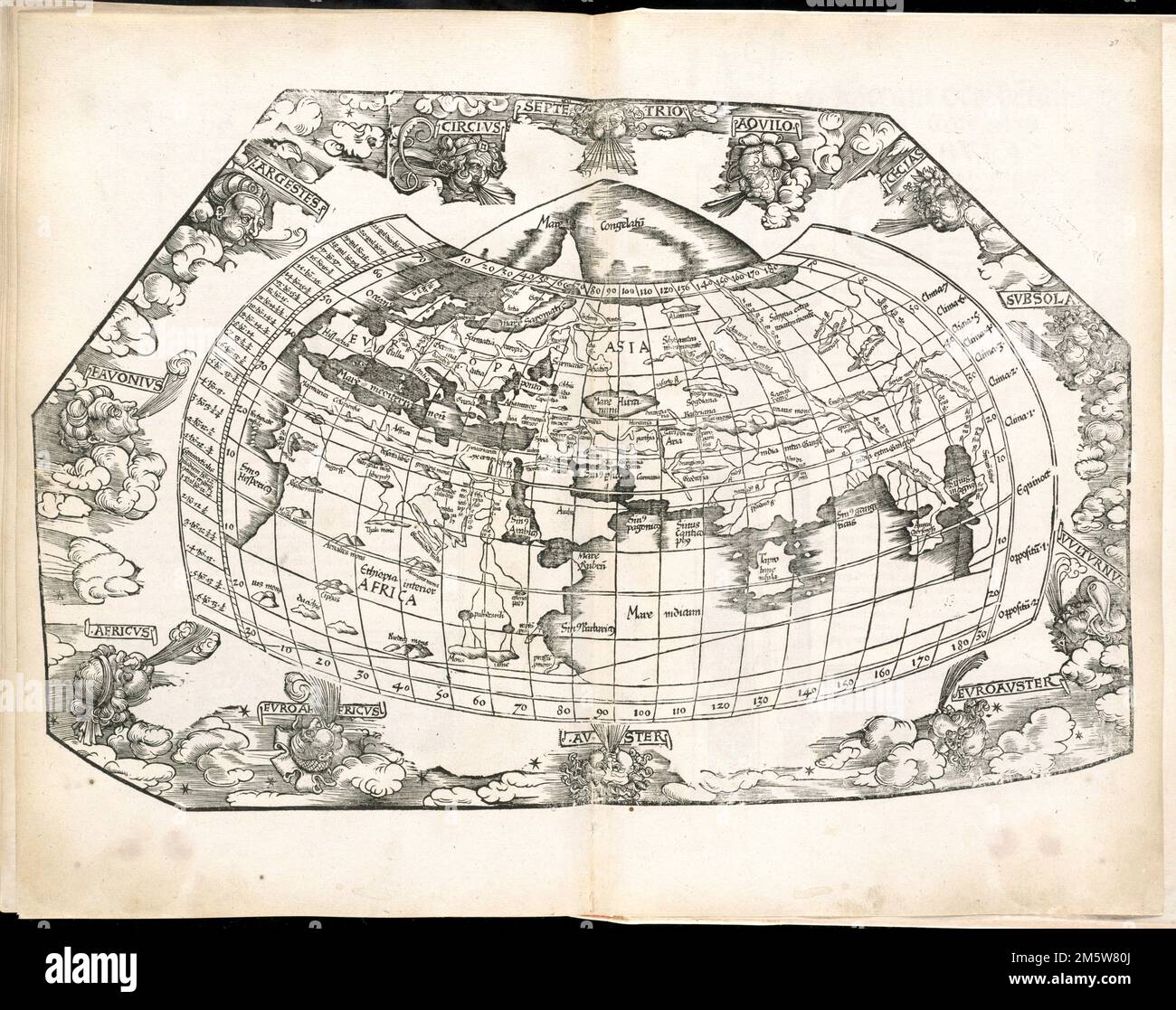 [The World]. Map of the eastern hemisphere showing Europe, western Asia, and northern Africa. Waldseemüller's Ptolemaic map of 1513, redrawn and reduced in this publication by Laurent Fries. Relief shown pictorially. Includes names of places and natural features. Map border shows decorative windheads. Includes climatic and latitudinal notes. Appears in the author's Geographia, translated by Willibald Pirckheimer, with annotations by Joannes Regiomontanus. Argentoragi [i.e. Strasbourg] : Iohannes Grieningerus, communibus Iohannis Koberger impensis excudebat, anno a Christi Natiuitate 1525 tert Stock Photo