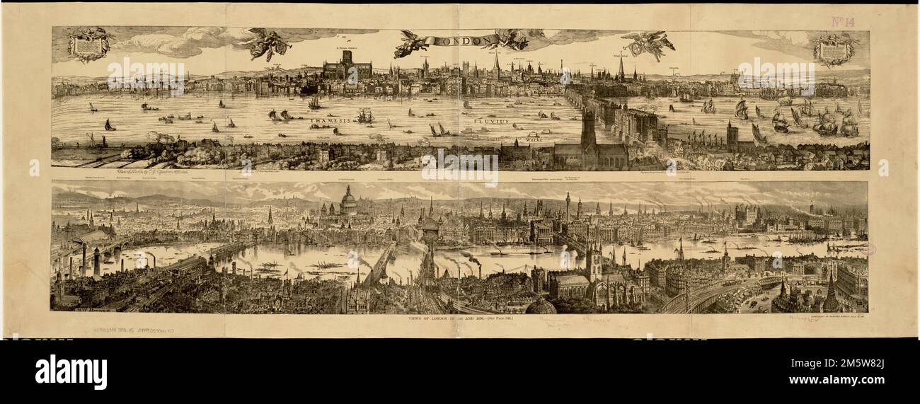 Views of London in 1616 and 1890. View of London in 1616 by C.J. Vischer. View of London in 1890 by H.W. Brewer. 'Supplement to Harpers Weekly, July 12, 1890.'. The arts were flourishing in Britain when Shakespeare worked and wrote in London. He was a member of the acting company the Lord Chamberlain's Men which by law was allowed to perform for the public only because of its patron sponsorship. This 1890 panoramic view compares 1616 and 1890 scenes of London and shows the Globe Theater. Shakespeare was a part owner of the playhouse along with his fellow actors. Opened in 1599, the Globe was d Stock Photo