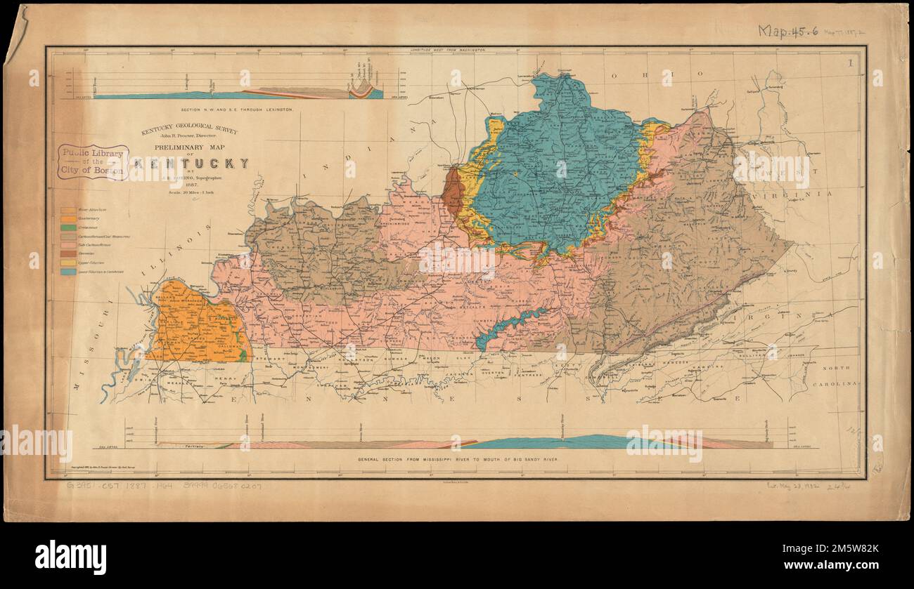 Preliminary map of Kentucky. Shows geological periods. Relief shown by