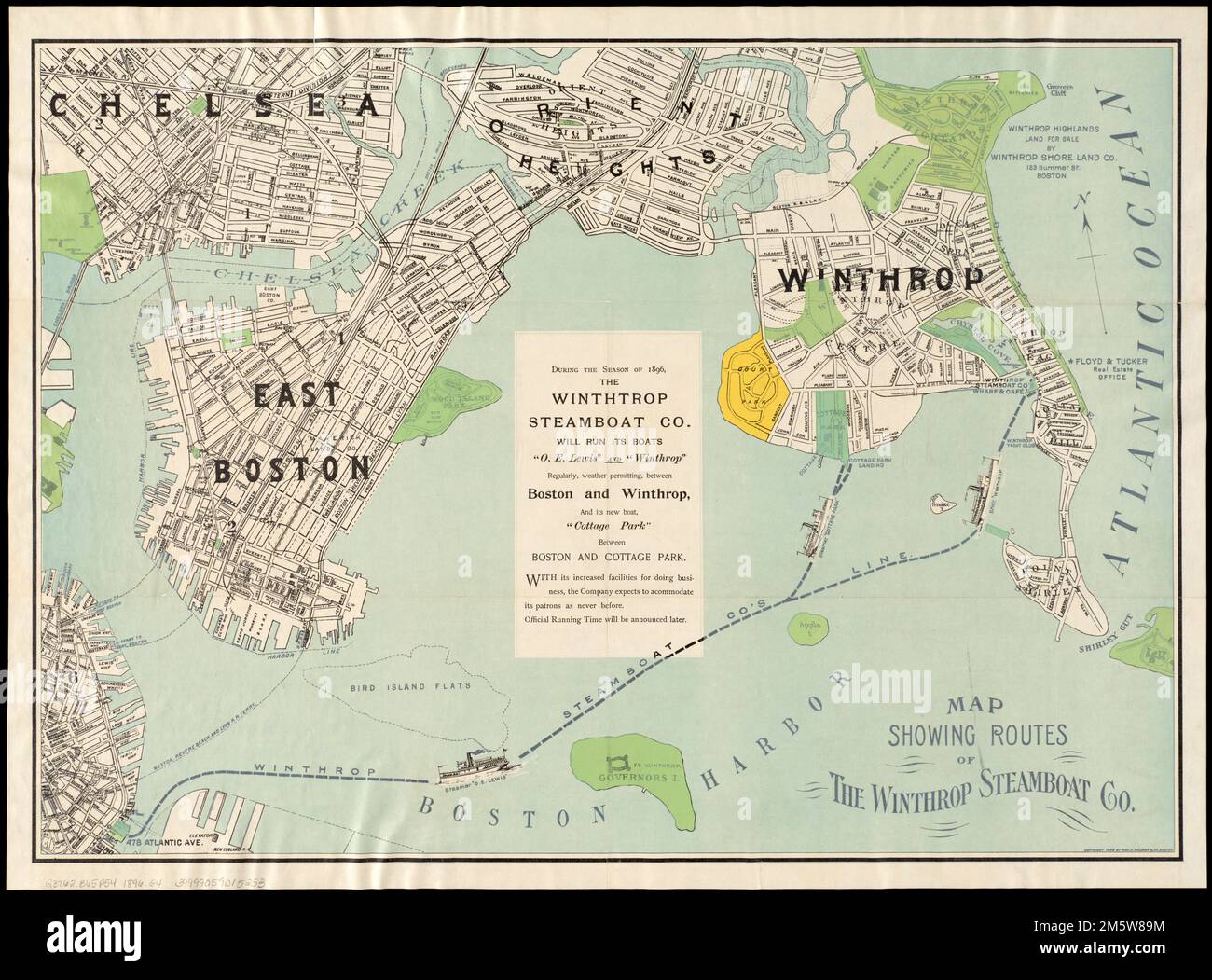Map showing the routes of The Winthrop Steamboat Co. Oriented with