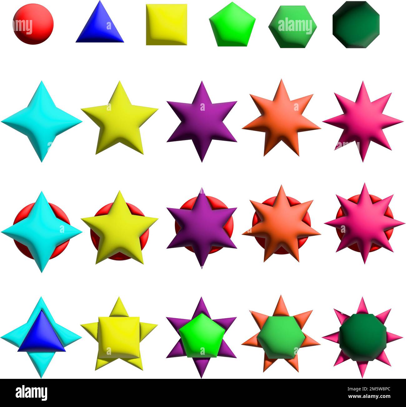 3D Basic Shapes Triangle Square hexagon star octagon Stock Photo