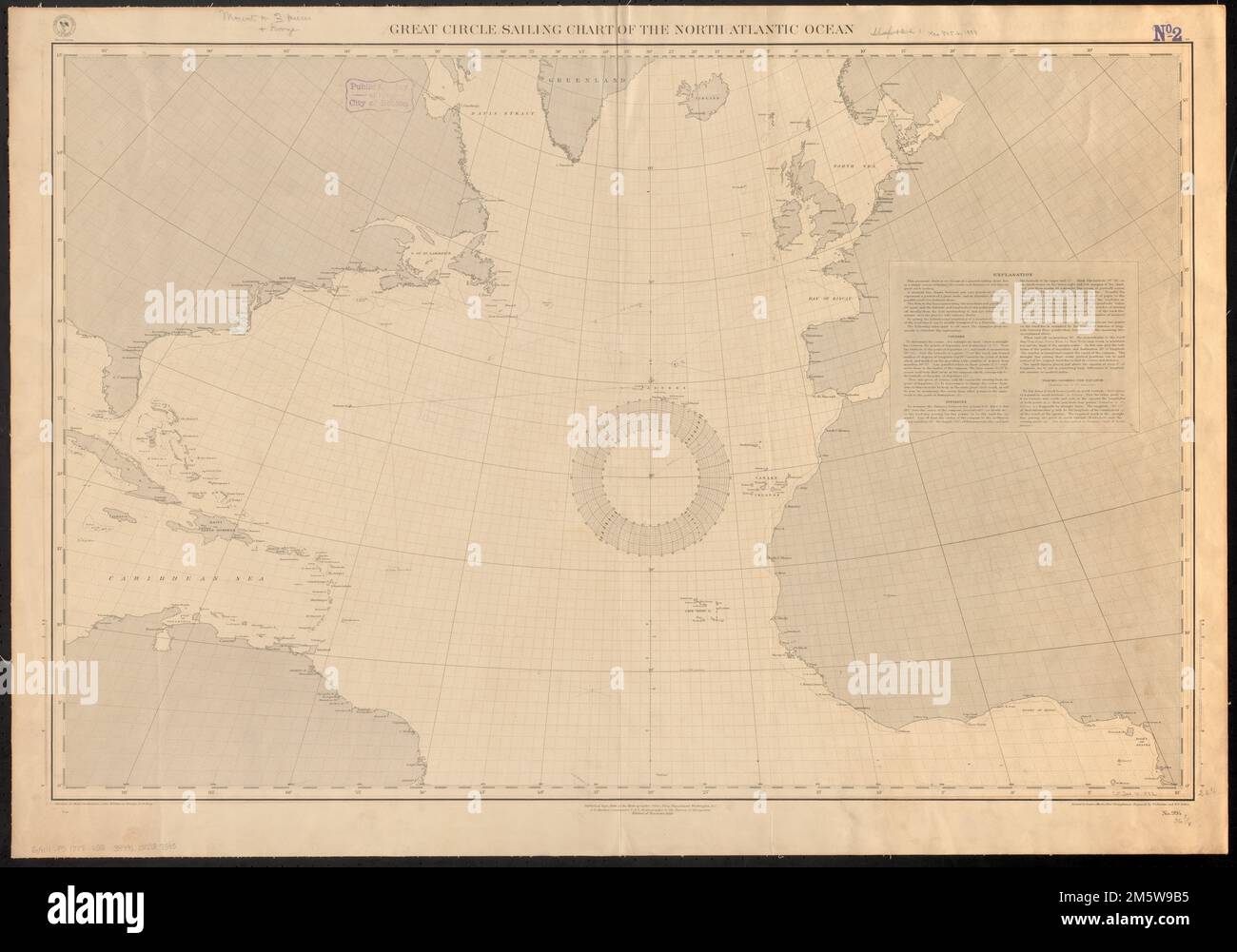 Great circle sailing chart of the North Atlantic Ocean. Includes explanation.... , Atlantic Ocean Stock Photo