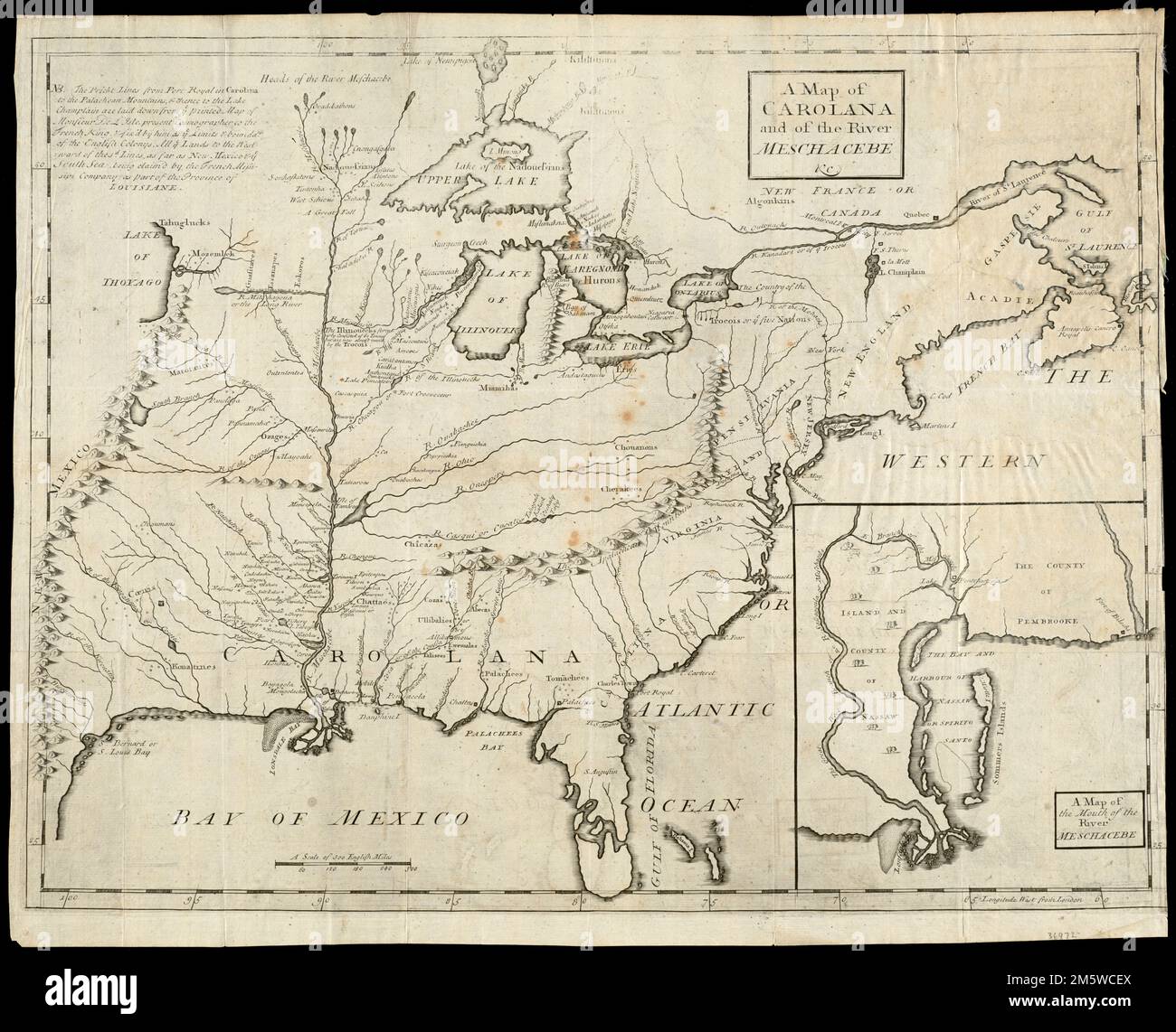 A map of Carolana and of the river Meschacebe &c. Relief shown ...