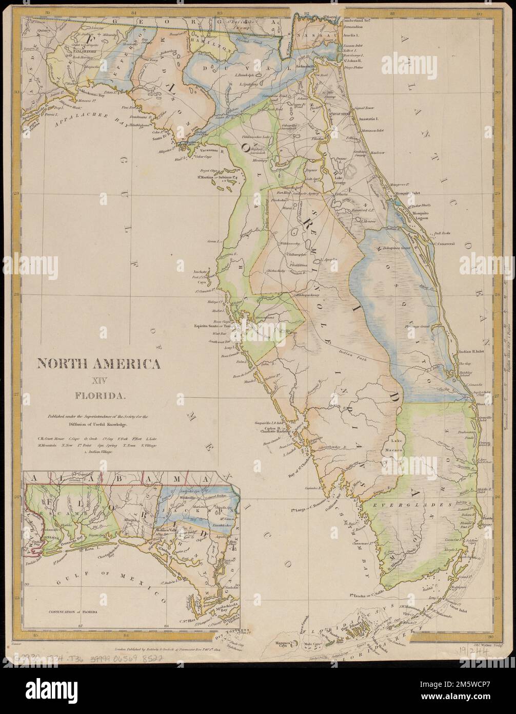 North America : Florida. Feby. 1st 1834. 'Published under the superintendence of the Society for the Diffusion of Useful Knowledge.' Inset: Continuation of Florida... North America, XIV, Florida. North America, XIV, Florida, Florida Stock Photo