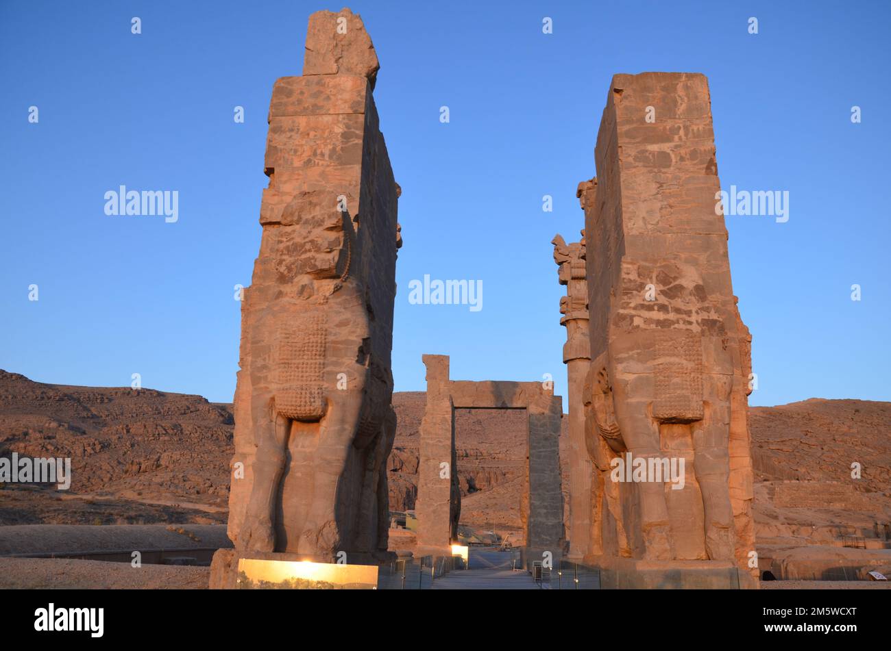 big gate of ancient Persepolis, Iran in evening sunlight Stock Photo