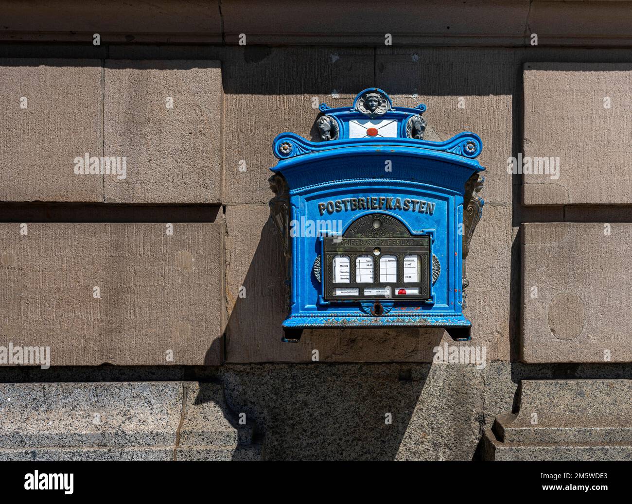 Historic blue letterbox, Potsdam Main Post Office, Brandenburg, Germany