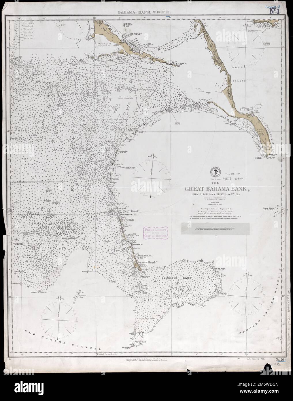 The Great Bahama Bank, from Old Bahama Channel to Exuma. Relief shown by hachures and spot heights. Depths shown by soundings and isolines. Note pasted below title: The telegraphic determination of longitude by Lieutenant Commander Green, U.S.N., in 1876, places Morro Castle, Havana, in longitude 82°21'30" W... Bahama-Bank sheet III. Bahama-Bank sheet III, Bahamas Great Bahama Bank Stock Photo