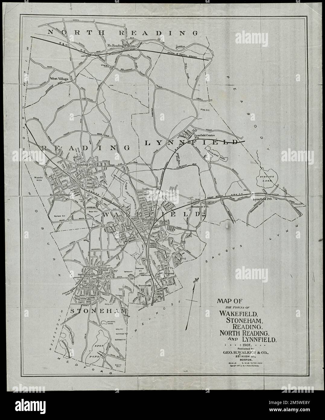 Map of the towns of Wakefield, Stoneham, Reading, North Reading, and