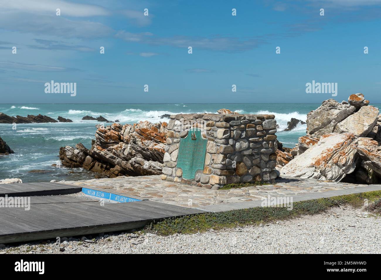 Agulhas National Park, South Africa - Sep 22, 2022: Plaque at Cape L'Agulhas, the southern-most tip of Africa, also the point where the Atlantic and I Stock Photo