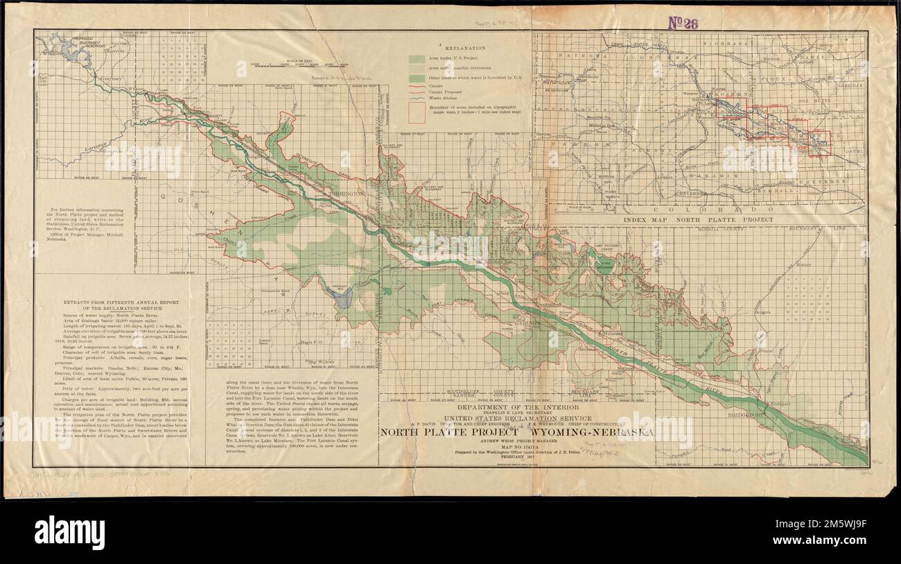 North Platte Project, Wyoming-Nebraska. Shows area under U.S. project, possible extensions, lands to which water is furnished, canals and waste ditches. Inset: Index map North Platte Project. Includes 'Extracts from the fifteenth annual report of the Reclamation Service.' 'Map no. 17417-A.'... , Nebraska North Platte River Wyoming Stock Photo