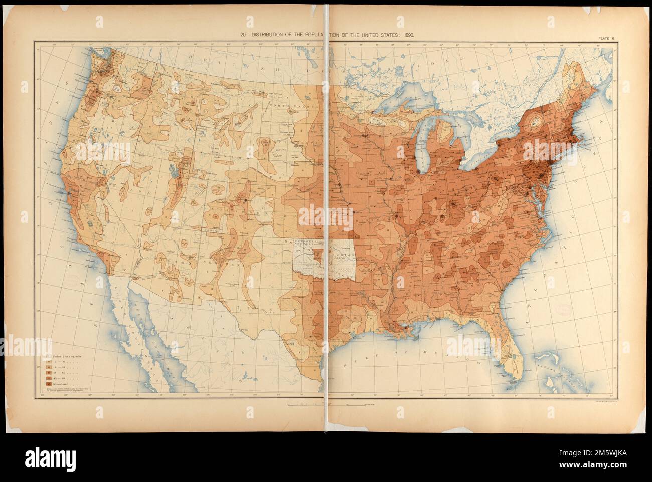 Distribution of the population - Distribution Of The Population Of The United States 1890 From Statistical Atlas Of The United States Based Upon The Results Of The Eleventh Census By Henry Gannett Washington Government Printing Office 1898 Plate 6 America Transformed Prepared By The Census Office Using 1890 Data This Map Illustrates The Distribution Of Population Across The Country Darker Colors Represent Denser Populations Based On Maps Like This Historian Frederick Jackson Turner Declared That America No Longer Had A Frontier Which He Defined As The Meeting Point Between Savagery And Civilization He 2M5WJKA 