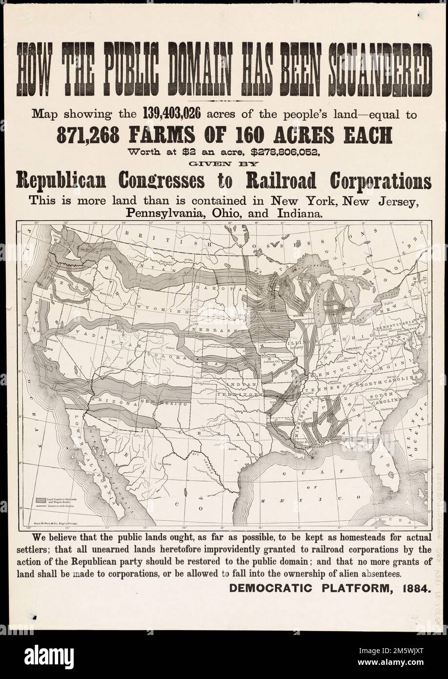 How the public domain has been squandered, map showing the 139,403,026 acres of the people's land - equal to 871,268 farms of 160 acres each, worth at $2 an acre, $278,806,052, given by Republican congresses to railroad corporations ; this is more land than is contained in New York, New Jersey, Pennsylvania, Ohio, and Indiana. On sheet below map 'We believe that the public lands ought, as far as possible, to be kept as homesteads for actual settlers; that all unearned lands heretofore improvidently granted to railroad corporations by the action of the Republican party should be restored to the Stock Photo