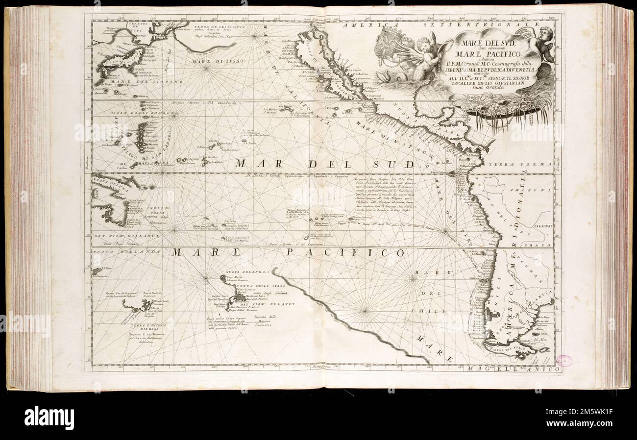 Mare del Svd, detto altrimenti Mare Pacifico. Prime meridian: [Ferro]. Shows California as an island. Shows the routes of Jacob le Maire and Willem Cornelisz Schouten. 'Dedicato all' Illmo. et Eccmo. Signor. il Signor Cavalier Gvlio Givstinian Sauio Grande.' In Coronelli's Atlante veneto, v. 1 (1691). Text in Italian with some labels in Dutch and translated into Italian. Cataloging, conservation, and digitization made possible in part by The National Endowment for the Humanities: Exploring the human endeavor... Mare del Sud, detto altrimenti Mare Pacifico. Mare del Sud, detto altrimenti Mare P Stock Photo