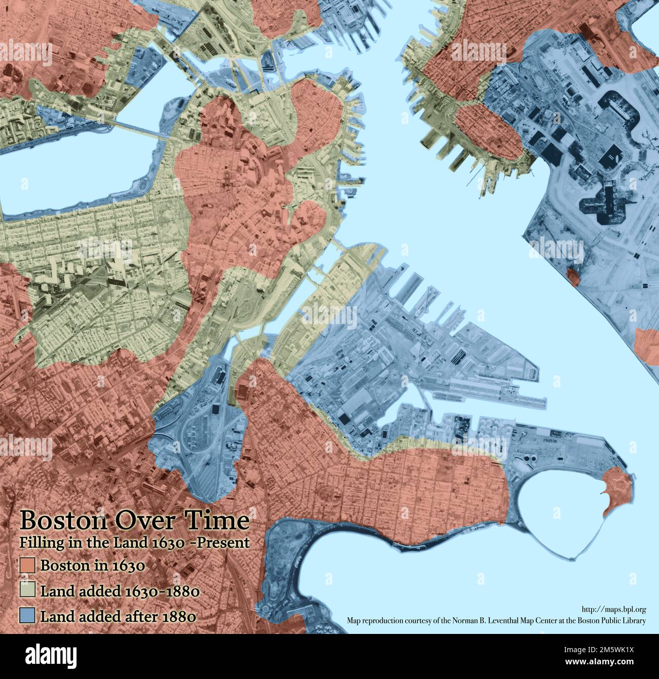 Boston Over Time : filling in the land 1630 - present. Shows Boston in 1630, 1880 and 2009. Created for the Boston and Beyond exhibition at the Norman B. Leventhal Map Center, 2008.. Beneath Our Feet: This modern map illustrates the various 'land making' projects that have shaped Boston over the past three centuries, along with locations where the five artifacts on display here were unearthed. The pink landmass represents the original Shawmut Peninsula and mainland region, where Native Americans dwelled for millennia, and where Puritan colonists settled in 1630. The tan area represents land ma Stock Photo