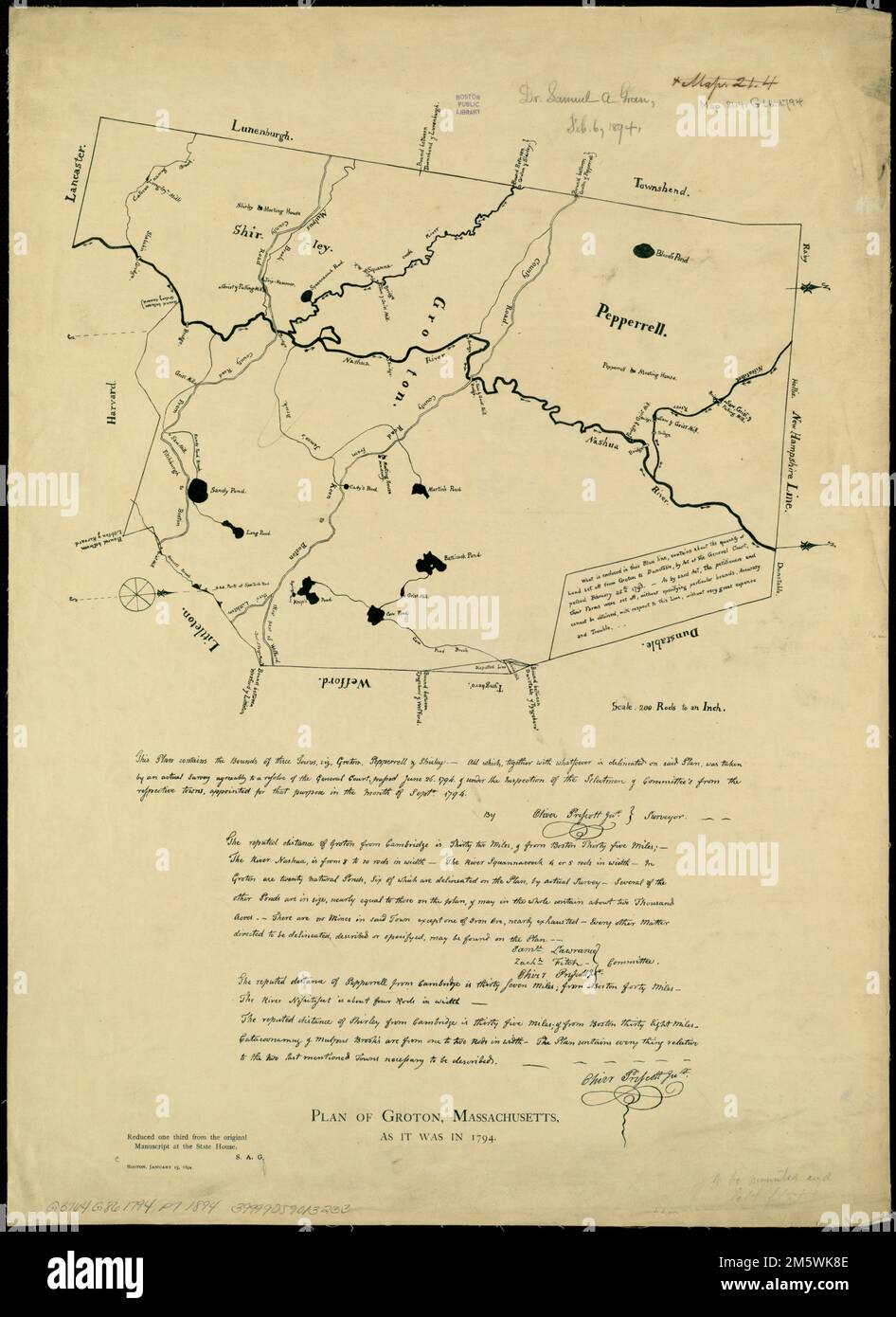 Plan of Groton, Massachusetts as it was in 1794. Shows boundaries of