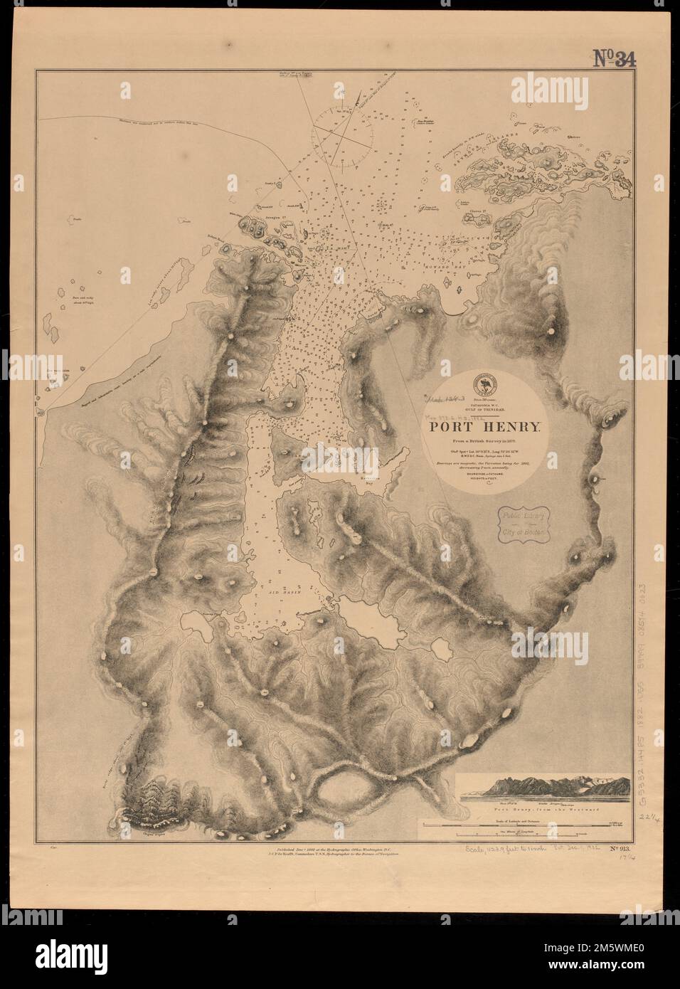 Patagonia w.c., Gulf of Trinidad, Port Henry : from a British survey in 1879. Relief shown by hachures and spot heights.Depths shown by soundings and isolines. Includes view of Port Henry, from the westward... Port Henry. Port Henry, Chile  , Magallanes y de la Antártica Chilena  ,region   , Henry, Puerto  ,harbor Stock Photo