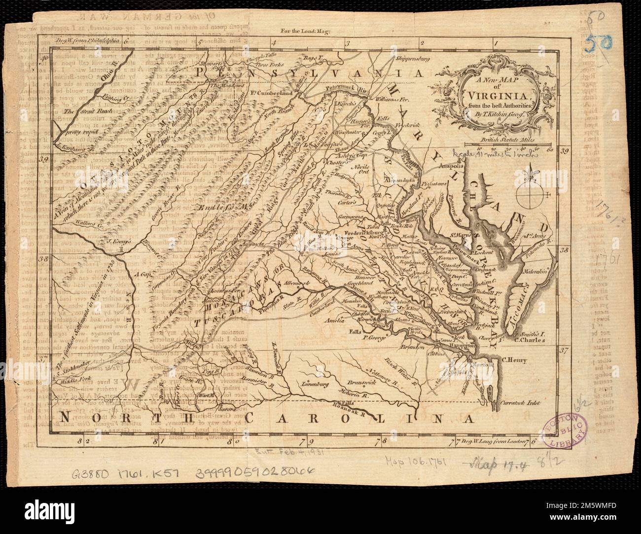 A new map of Virginia from the best authorities. Relief shown pictorially. From the London Magazine. November 1761, v. 30. Prime meridian: London and Philadelphia.... , Virginia Stock Photo