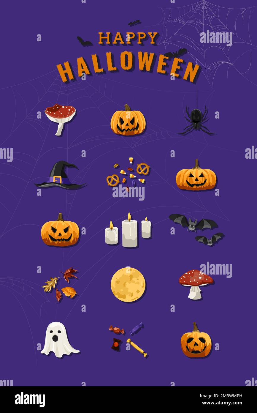 Halloween elements set on purple background vector Stock Vector