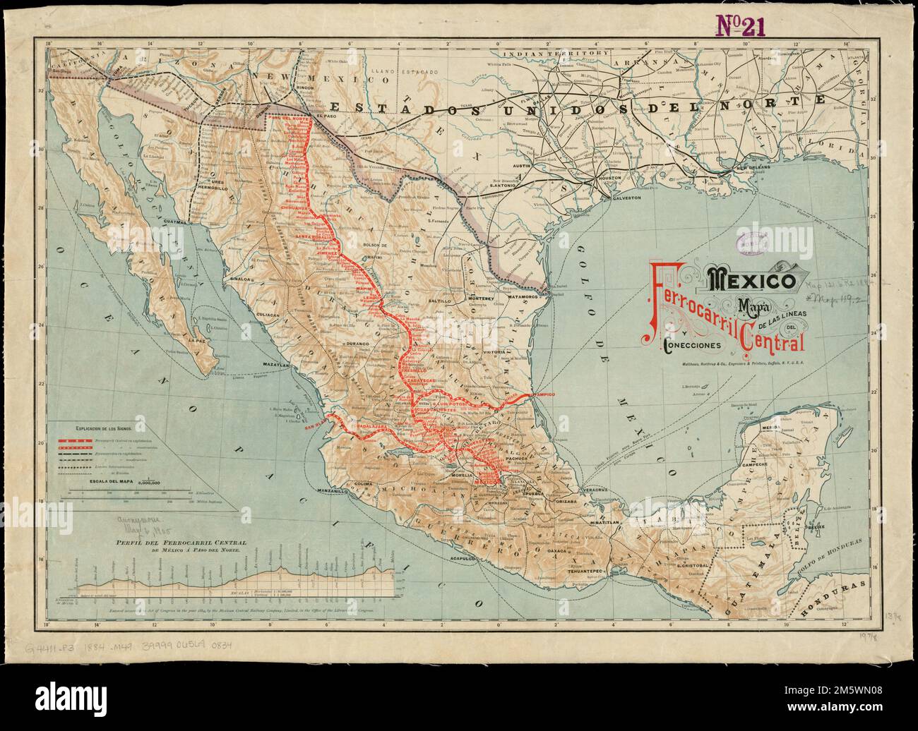 Mexico, mapa de las lineas del Ferrocarril Central Mexicano y conecciones. Relief shown by hachures. Prime meridian: Mexico City. Includes elevation profile.... , Mexico Stock Photo
