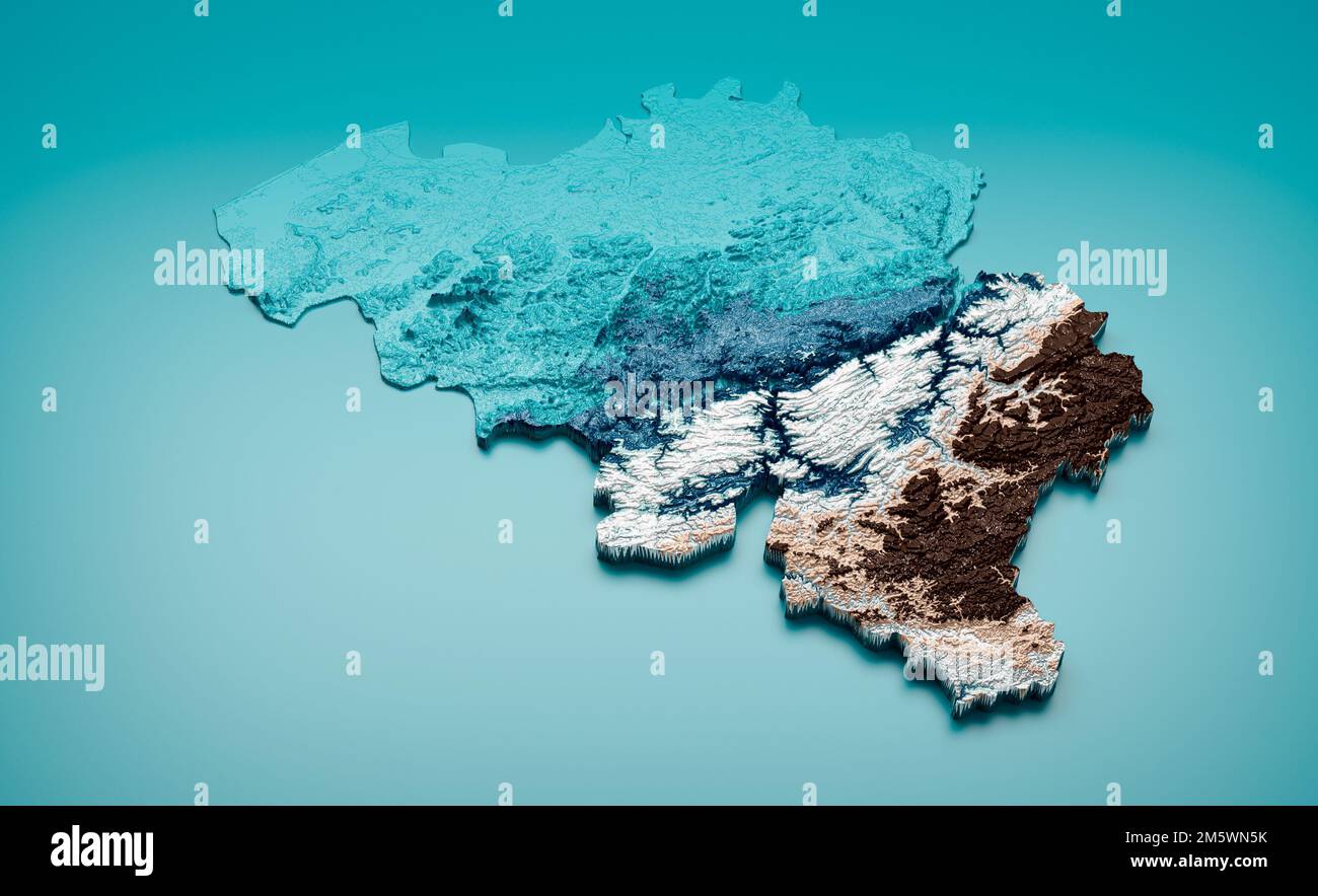 A topographic illustration of a Belgian map, with tintshaded