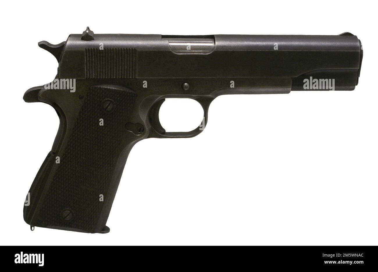 Colt pistol. M1911 A1, 1921. American-made, it was designed by John Moses Browning. Steel, wood and bakelite. Army Museum. Toledo, Spain. Stock Photo