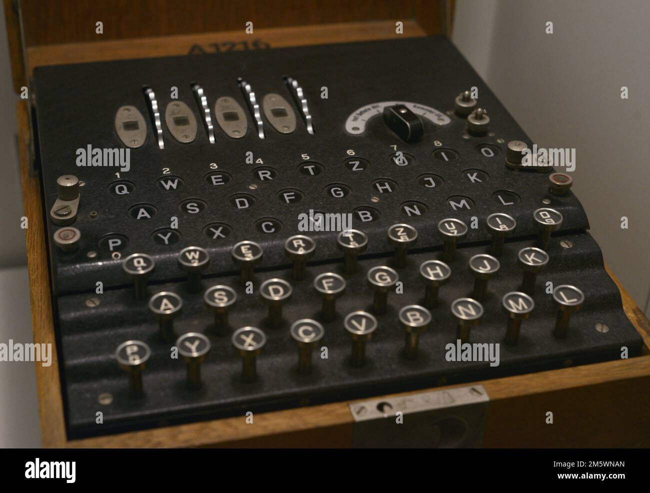 German Enigma brand encryption machine, with a commercial model K-type box. 1931. Detail of the panel. Army Museum. Toledo, Spain. Stock Photo