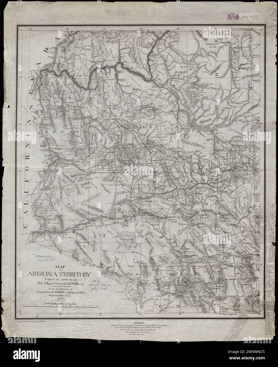 Map of Arizona Territory. Relief shown by hachures. Prime meridians ...