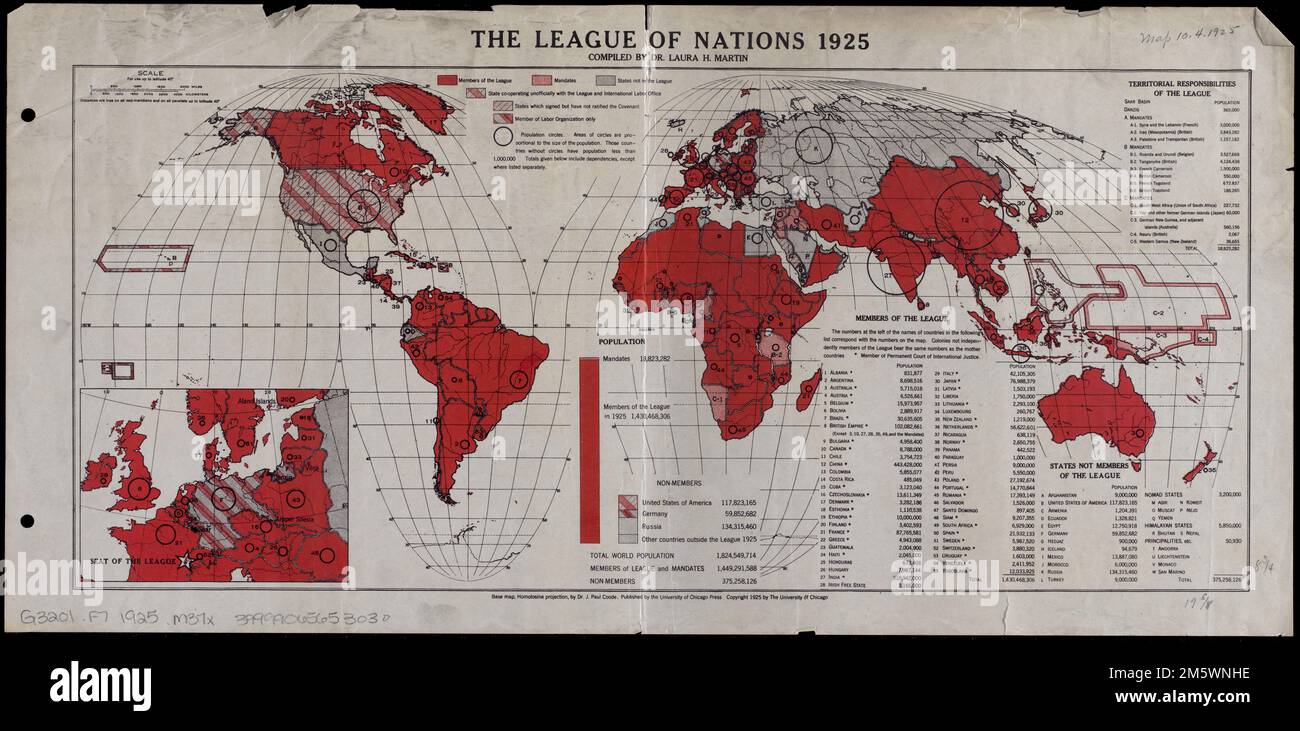 The League of Nations, 1925. Inset: Seat of the League. Includes tables ...