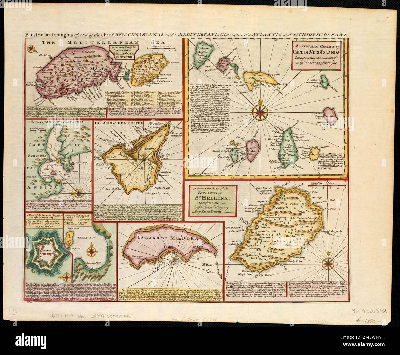 Particular draughts of some of the chief African Islands in the Mediterranean : as also in the Atlantic and Ethiopic Oceans. Maps: 'An accurate map of the islands of Malta Goze & Cuming' ; 'An accurate chart of Cape de Verd Islands, being an improvement of Capt. Roberts's draught' ; 'A correct map of the island of St. Hellena, belonging to the English East India Company' ; Island of Madera ; 'A draught of Table Bay' ; 'A plan of the Dutch fort at the Cape of Good Hope' ; 'The Bay of Agoa de Saldanha' and 'Island of Teneriffe.' Numbered 'N⁰50.' Notes about the islands. Relief shown pictorially. Stock Photo