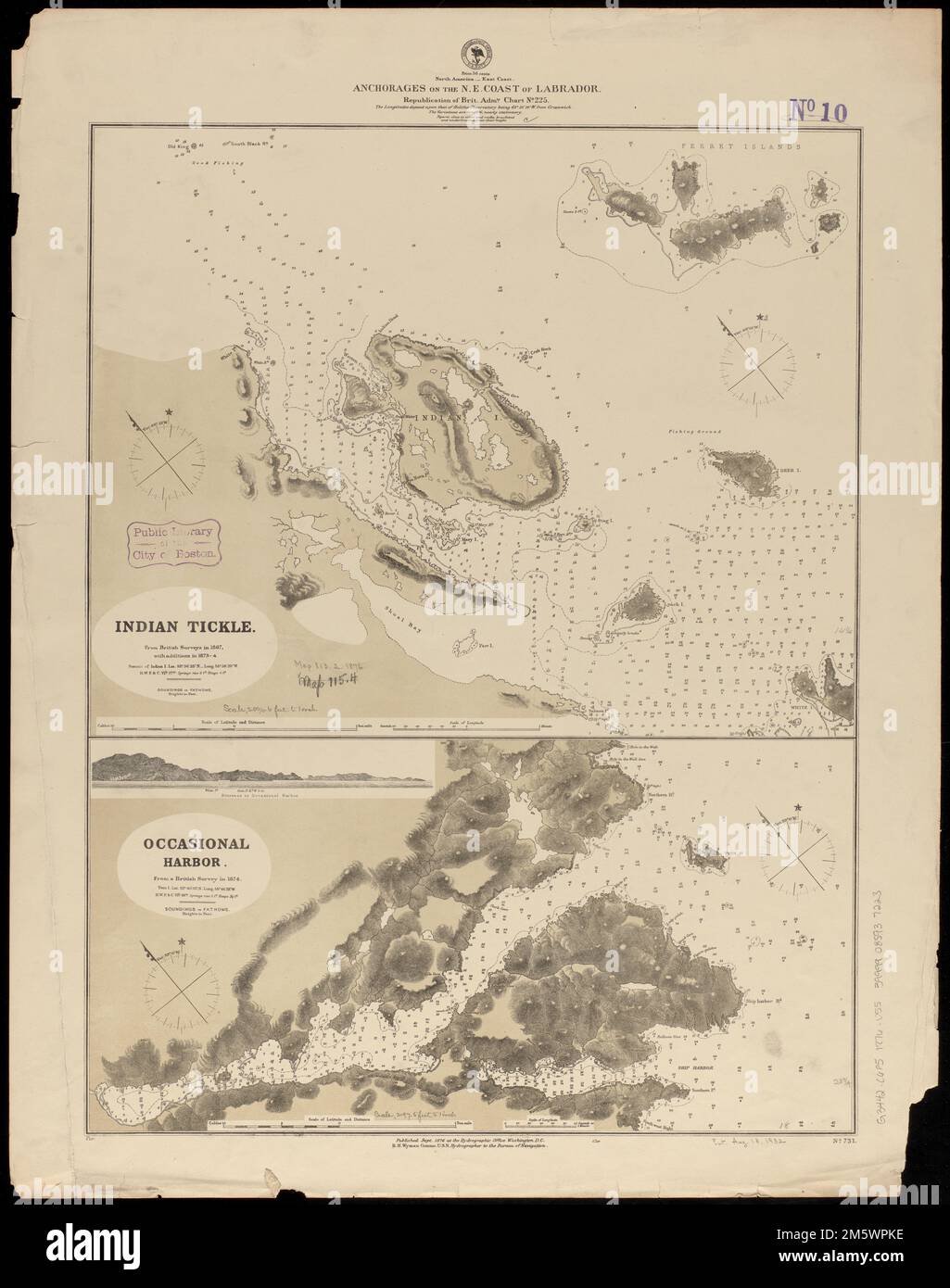 North America, east coast, anchorages on the n.e. coast of Labrador : republication of Brit. Admty. chart no. 225. Relief shown by hachures and spot heights. Depths shown soundings and form lines. Includes view of Entrance to Occasional Harbor... Indian Tickle : from British surveys in 1867, with additions in 1873-4 Occasional harbor : from a British Survey in 1874. Indian Tickle : from British surveys in 1867, with additions in 1873-4 Occasional harbor : from a British Survey in 1874, Canada  , Newfoundland and Labrador  ,province  Indian Tickle Occasional Harbour Stock Photo